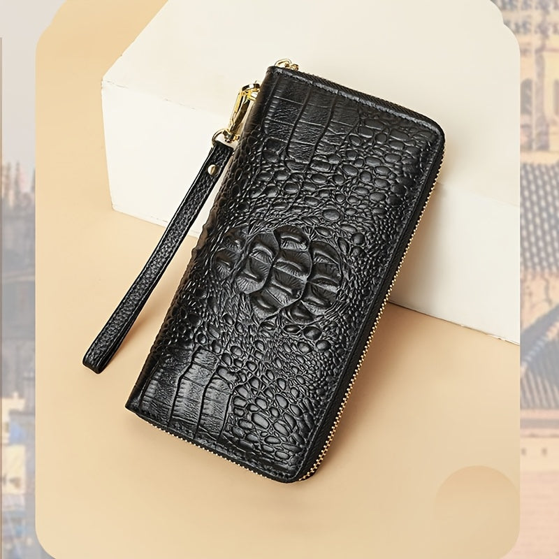 Cowhide Leather Crocodile Embossed Wallet Long Zipper Clutch
