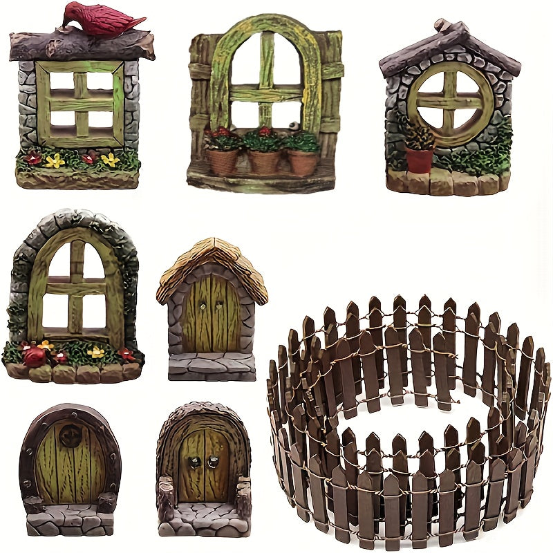 8pcs Mini Fairy Door And Window Set for Garden Bonsai Terrarium