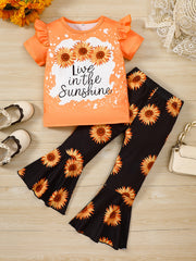 Girls Pink Sunflower Print Ruffles T-Shirt & Flare Leg Pants Set