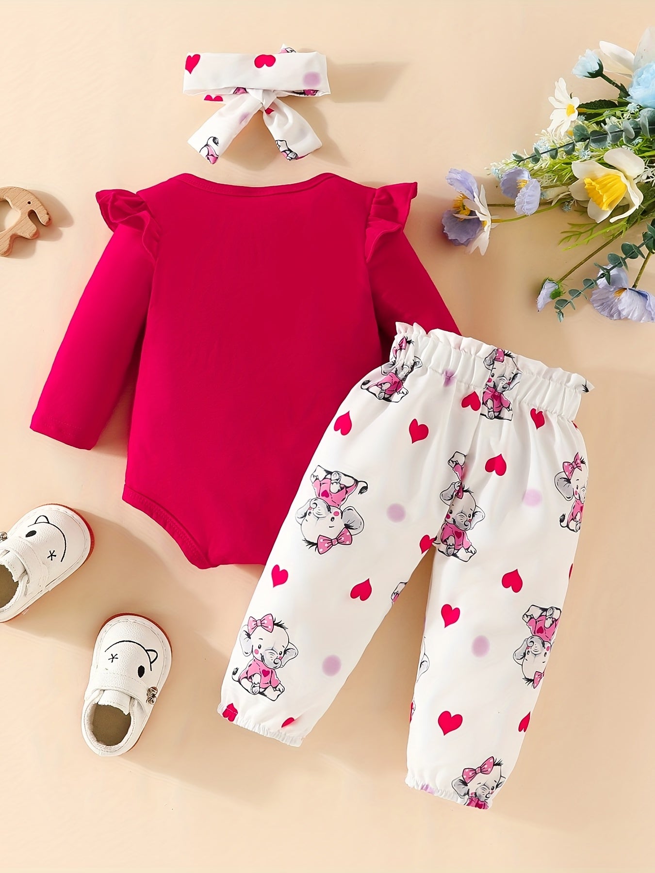 3pcs Baby Girl Elephant Long Sleeve Triangle Jumpsuit Bow Knot Trousers Set