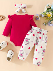 3pcs Baby Girl Elephant Long Sleeve Triangle Jumpsuit Bow Knot Trousers Set