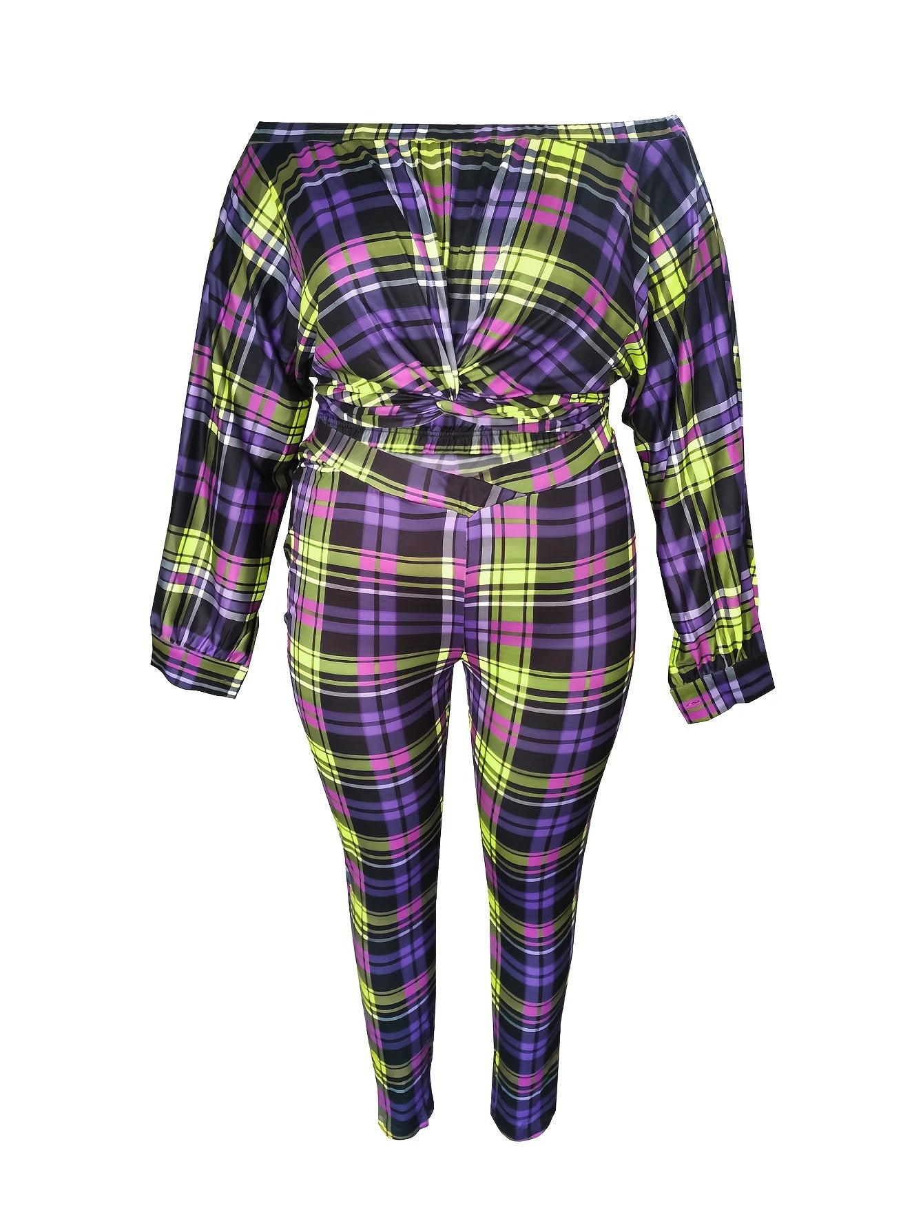 Plaid Twist Front Off Shoulder Crop Top & Leggings Set
