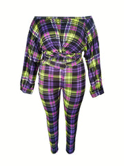 Plaid Twist Front Off Shoulder Crop Top & Leggings Set