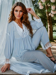Lace Trim Pajama Set Long Sleeve V Neck Top Comfy Pants Women's Sleepwear