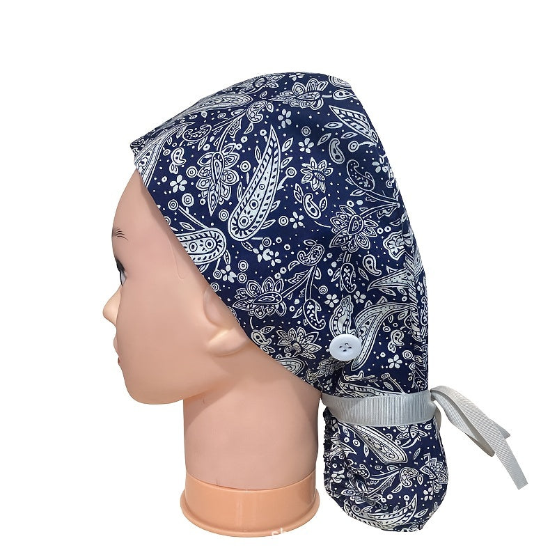 Adjustable Work Hat Paisley Print Nurse Hat With Button Elastic Scrub Cap