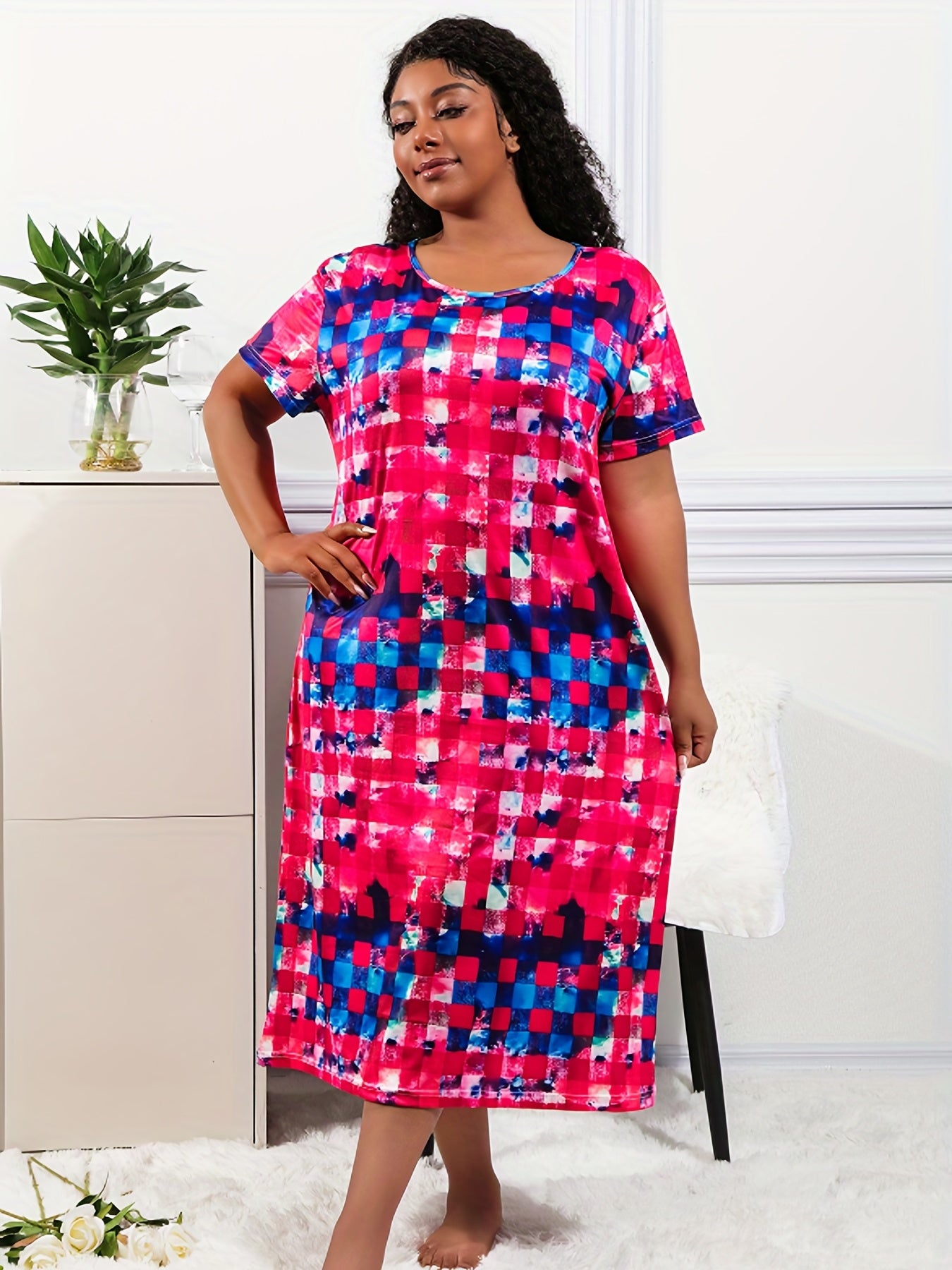 Tie Dye Gingham Print Nightdress