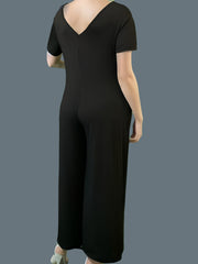 Solid Round Neck Short Sleeve Wide Leg Jumpsuit
