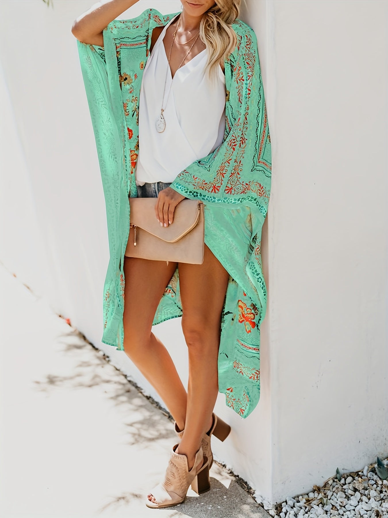 Floral Pattern Cover Up Shirt V Neck Loose Fit Beachwear Kimono