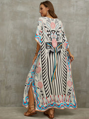 Stripes Floral Geometric Print Kaftan Cover Up Dress V Neck Maxi Boho Bohemian