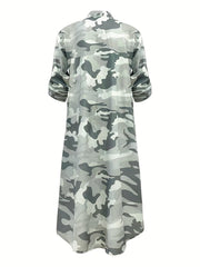 Camo Print Shirt Dress Long Sleeve Button Front Collar Dress