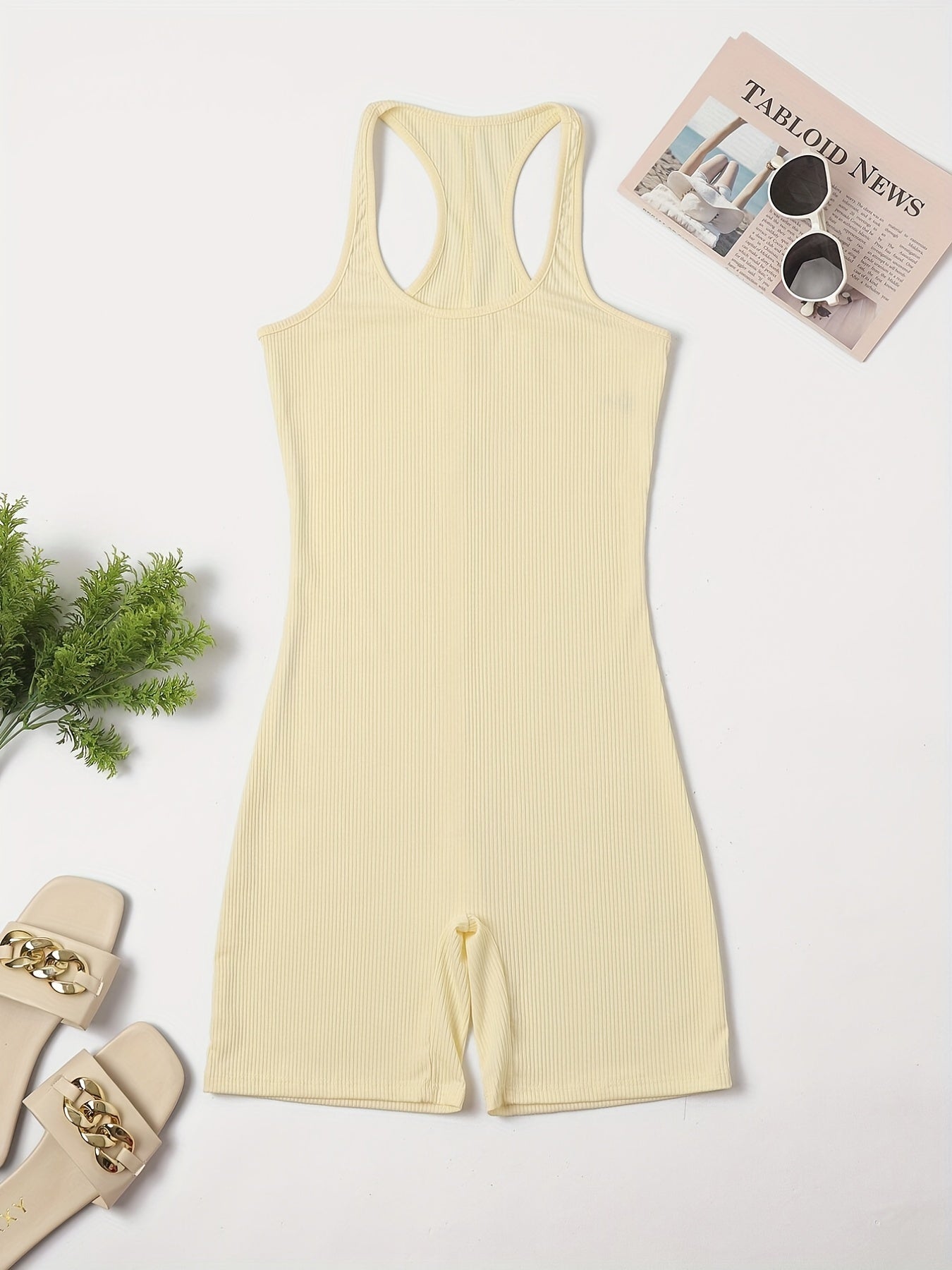 Ribbed Racerback Pajama Romper Sleeveless Crew Neck Women's Lingerie