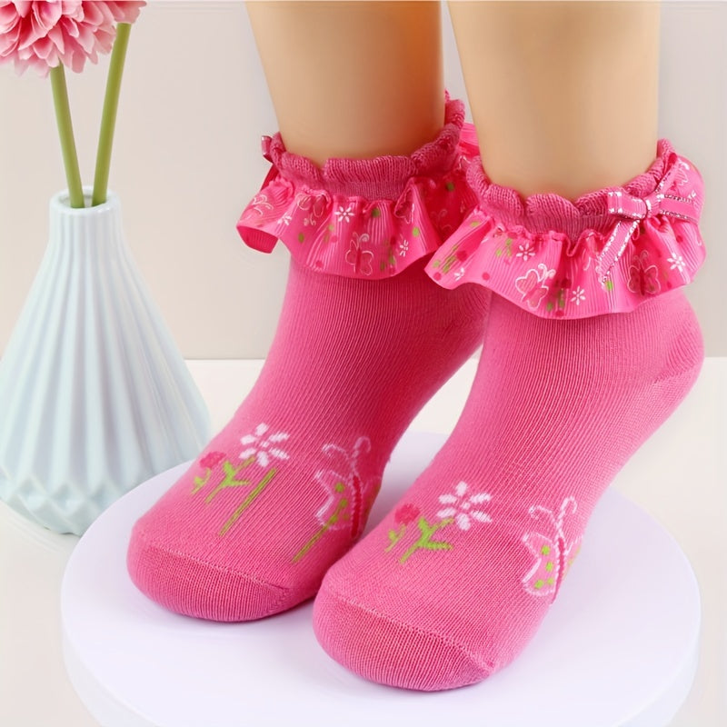 Girls Floral Ruffle Trim Short Crew Socks - Comfortable Princess Socks