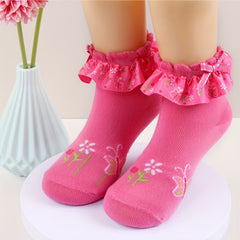 Girls Floral Ruffle Trim Short Crew Socks - Comfortable Princess Socks