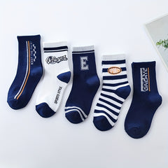 5 Pairs Boys Kids Striped Letter Crew Sports Socks