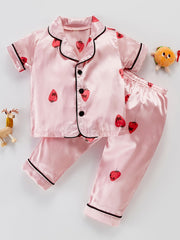 Girls Strawberry Graphic Pajamas Set Short Sleeve Top & Pants Sleepwear