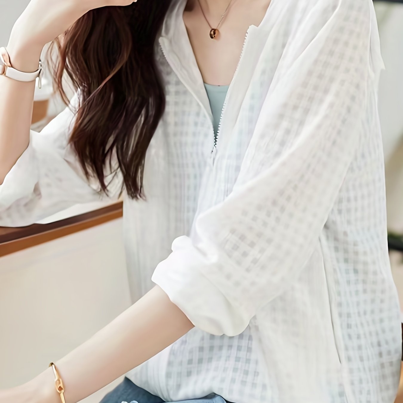 Plaid Print Open Front Top Zip Coat Spring Summer Women's Clothing