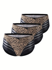 3 Pack Plus Size Sexy Panties Set Women's Plus Leopard Print Contrast Mesh