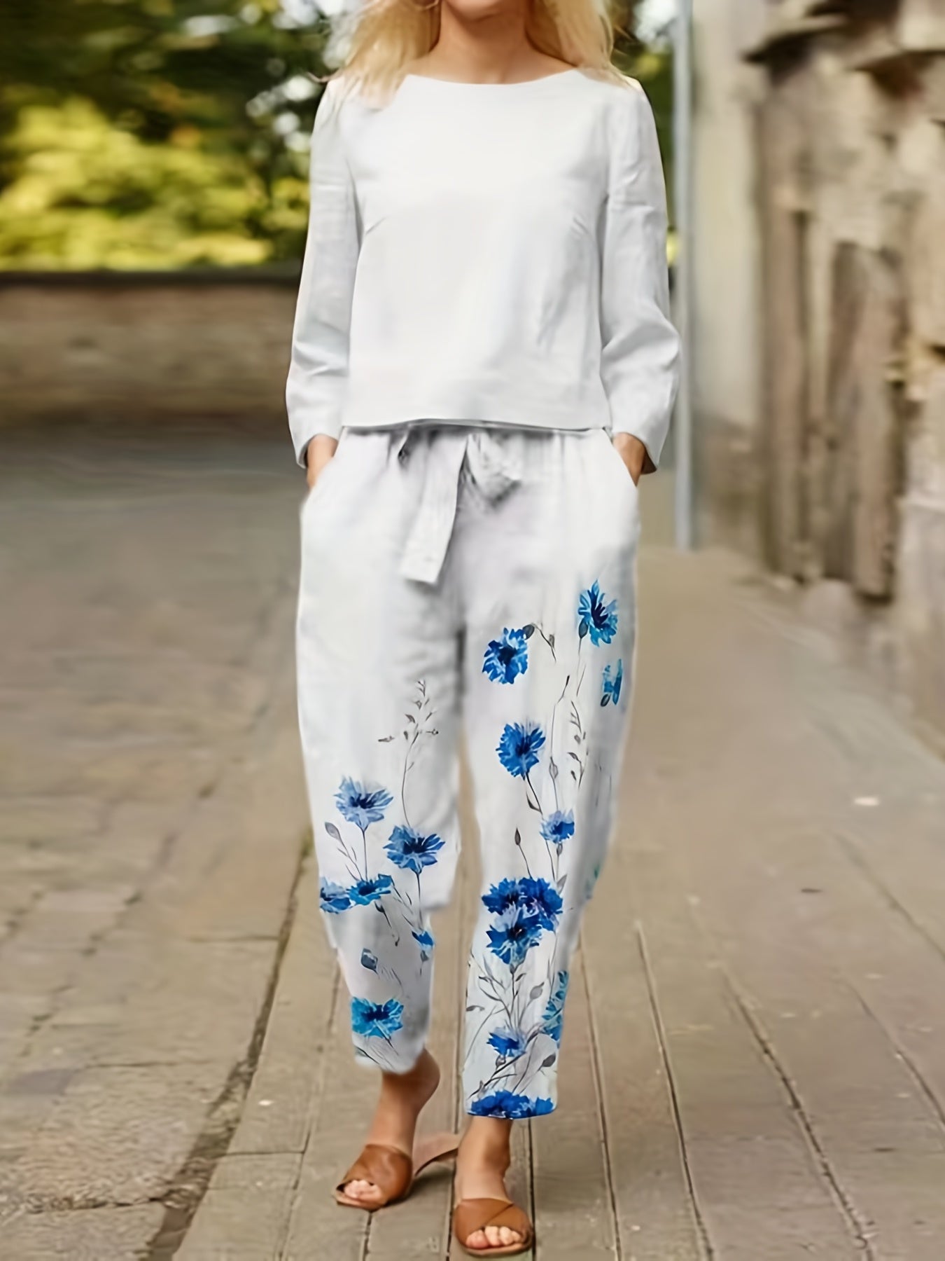 Floral Print Two piece Set Crew Neck Long Sleeve Top & Tie waist Pants