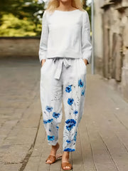 Floral Print Two piece Set Crew Neck Long Sleeve Top & Tie waist Pants