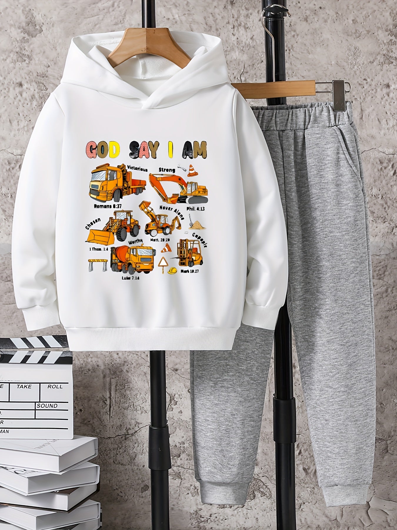 2pcs Truck Print Boys Hoodie & Solid Sweatpants Set