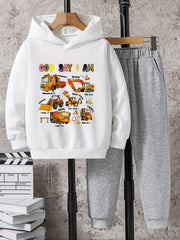2pcs Truck Print Boys Hoodie & Solid Sweatpants Set