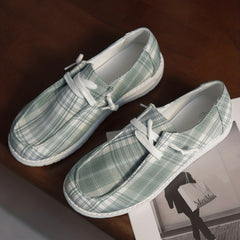 Light Green Plaid Pattern Canvas Shoes Lightweight Lace Up Outdoor Sneakers