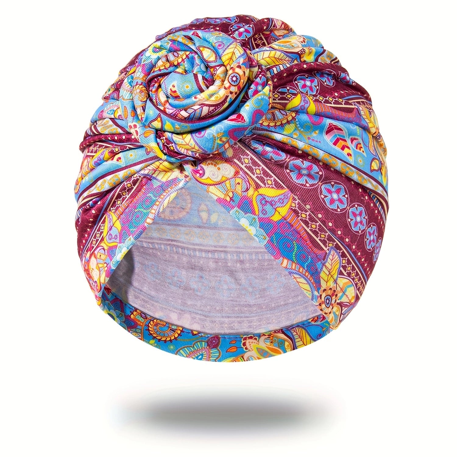 Boho Print Pleated Turban Floral Beanie Pre Tied Front Knot Elastic Head Wrap