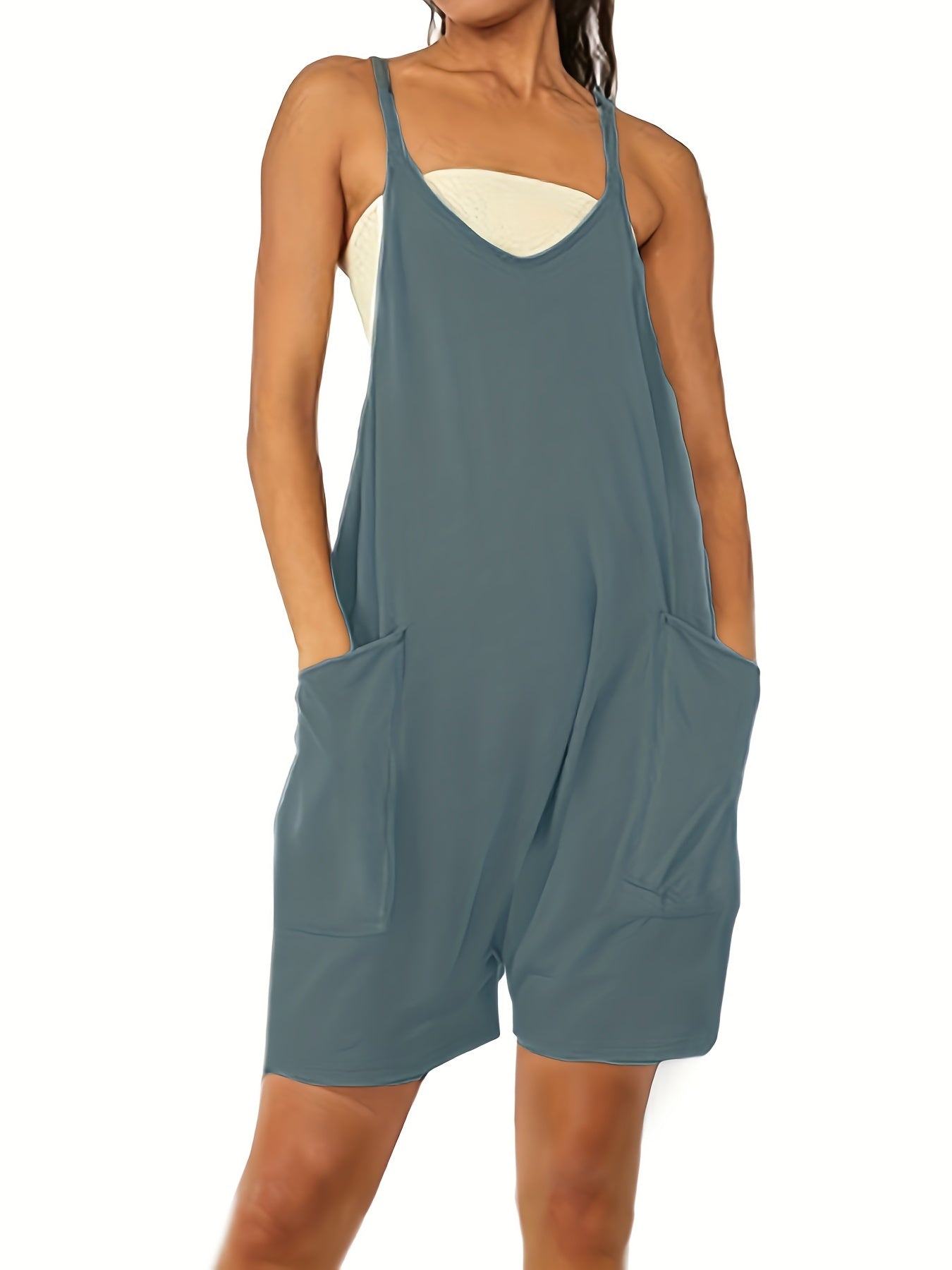 Preppy V-Neck Romper with Pockets