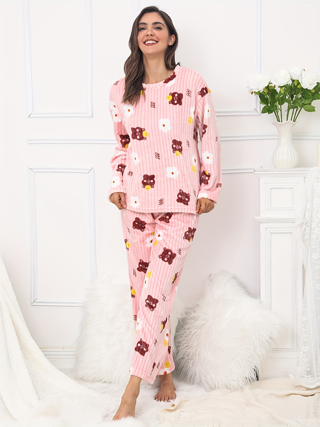 Bear & Floral & Stripe Print Pajamas Set Long Sleeve Round Neck Plush