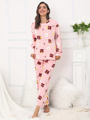 Bear & Floral & Stripe Print Pajamas Set Long Sleeve Round Neck Plush