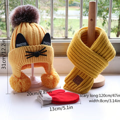 Cat Pattern Kids Knitted Woolen Hat Scarf Gloves Set