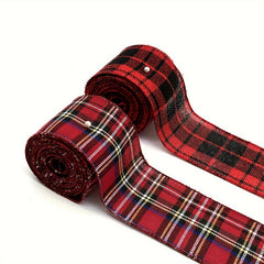 1pc 4.57m Christmas Metallic Wired Edge Ribbon Red Check Stripes Ribbon Big Bow