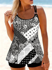 Boho Tankini Set Women's Plus Colorblock Paisley Print Round Neck