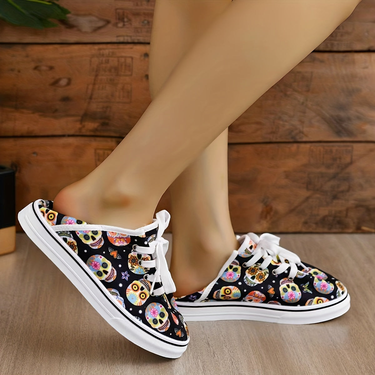 Skull Pattern Halloween Shoes Lace Up Low Round Toe Canvas Comfy Casual Shoes