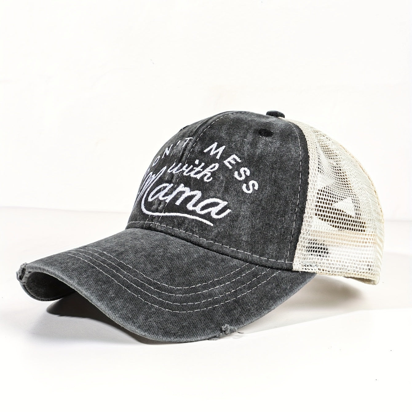 Mom Baseball Cap Distressed Trucker Hat Ponytail Mesh Embroidery Sun Hat