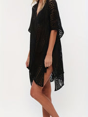 Knitted Split Side Cover Up V Neck Tassel Solid Beach Loose Cover Up
