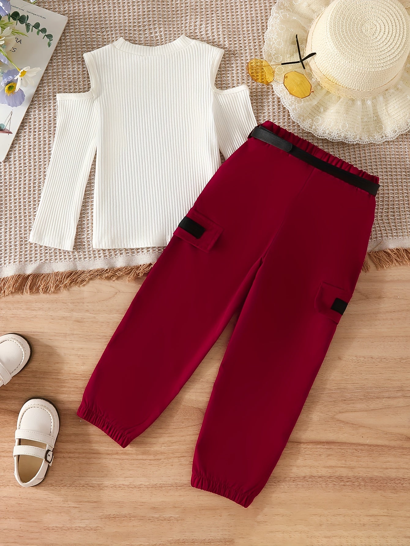 Girl's 2pcs Ribbed Top & Cargo Pants Set Shoulder Cut Out Casual Outfits