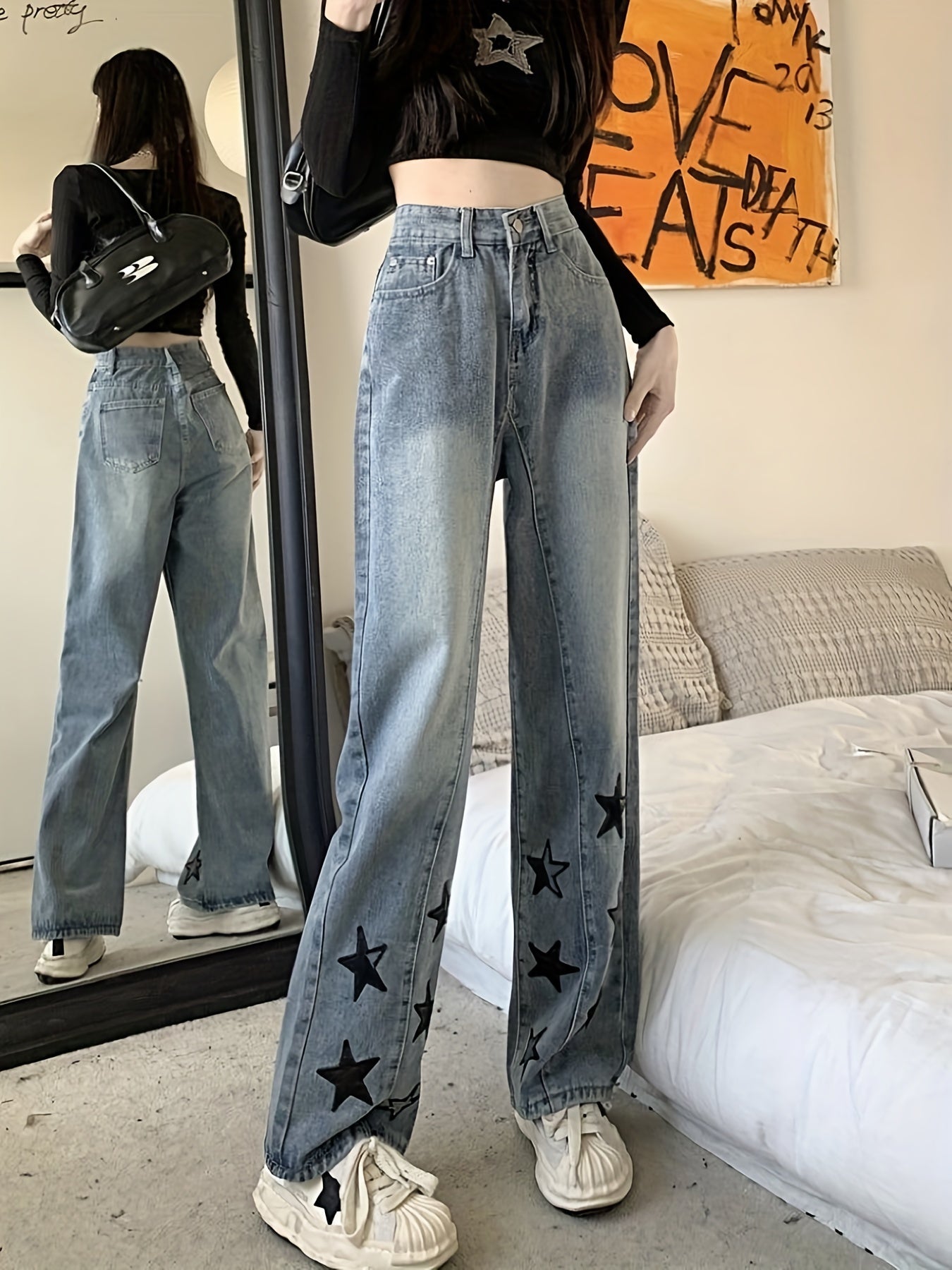 Star Print Wide Leg Pintuck Jeans High Rise