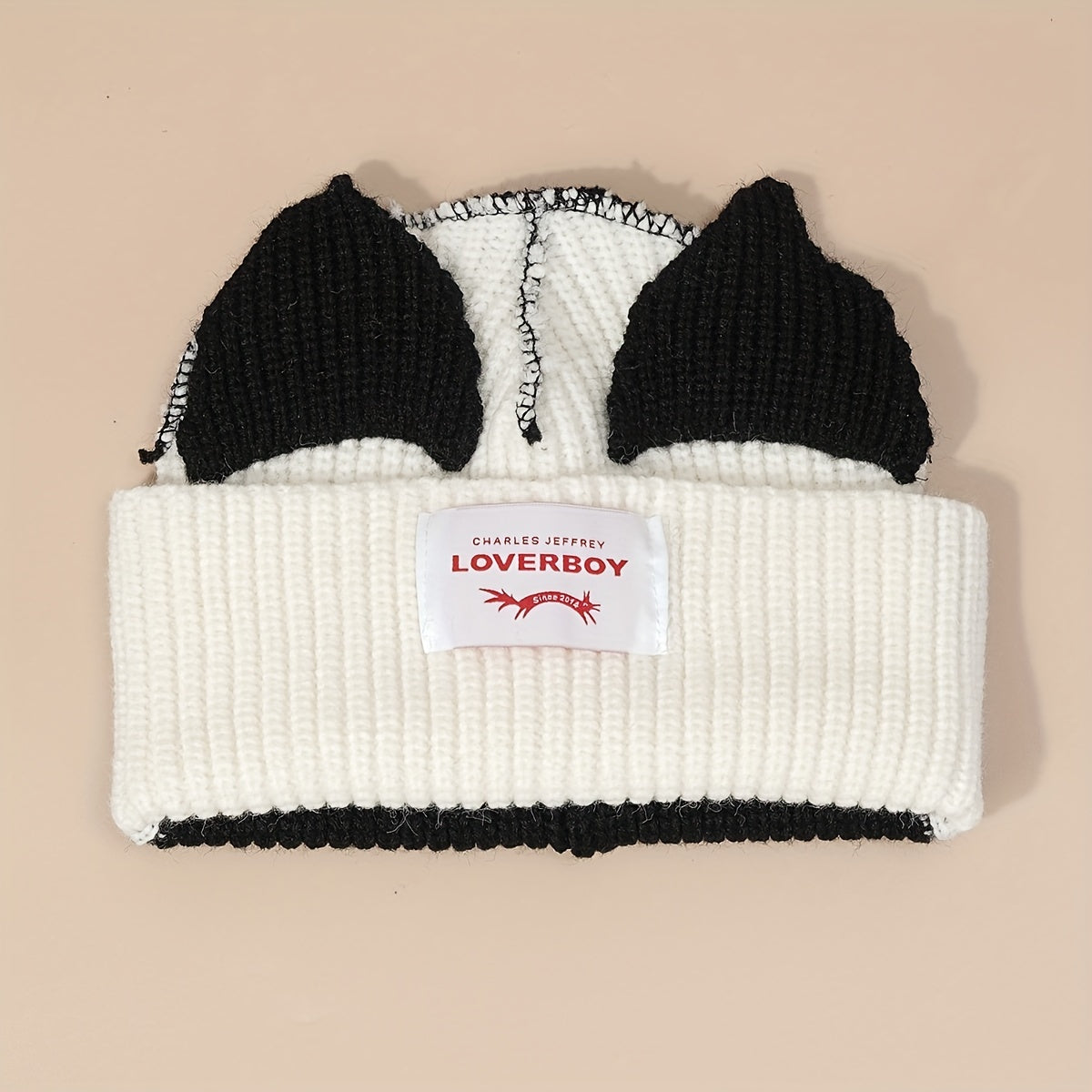 Pig Ears Label Beanie Splicing Warm Knitted Hat