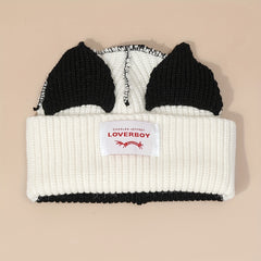 Pig Ears Label Beanie Splicing Warm Knitted Hat