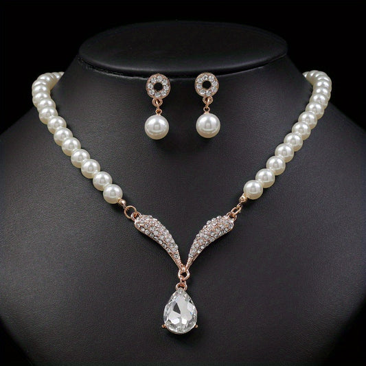 Vintage Faux Pearl Necklace & Earrings Set for Women