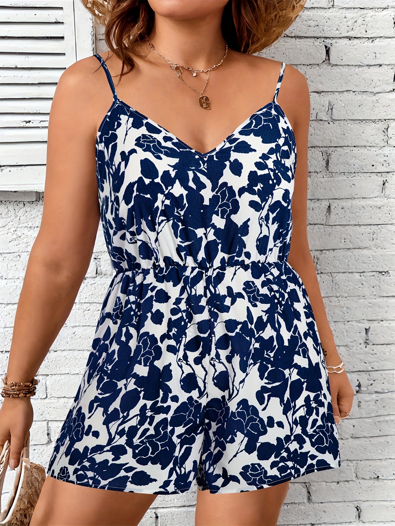 Floral Print V Neck Waist Wide Leg Cami Romper