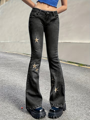 Golden Star Embroidery Flare Leg Jeans Y2K Bell Bottoms