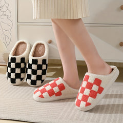 Checkered Plush Flat Slippers Warm & Cozy Indoor Shoes