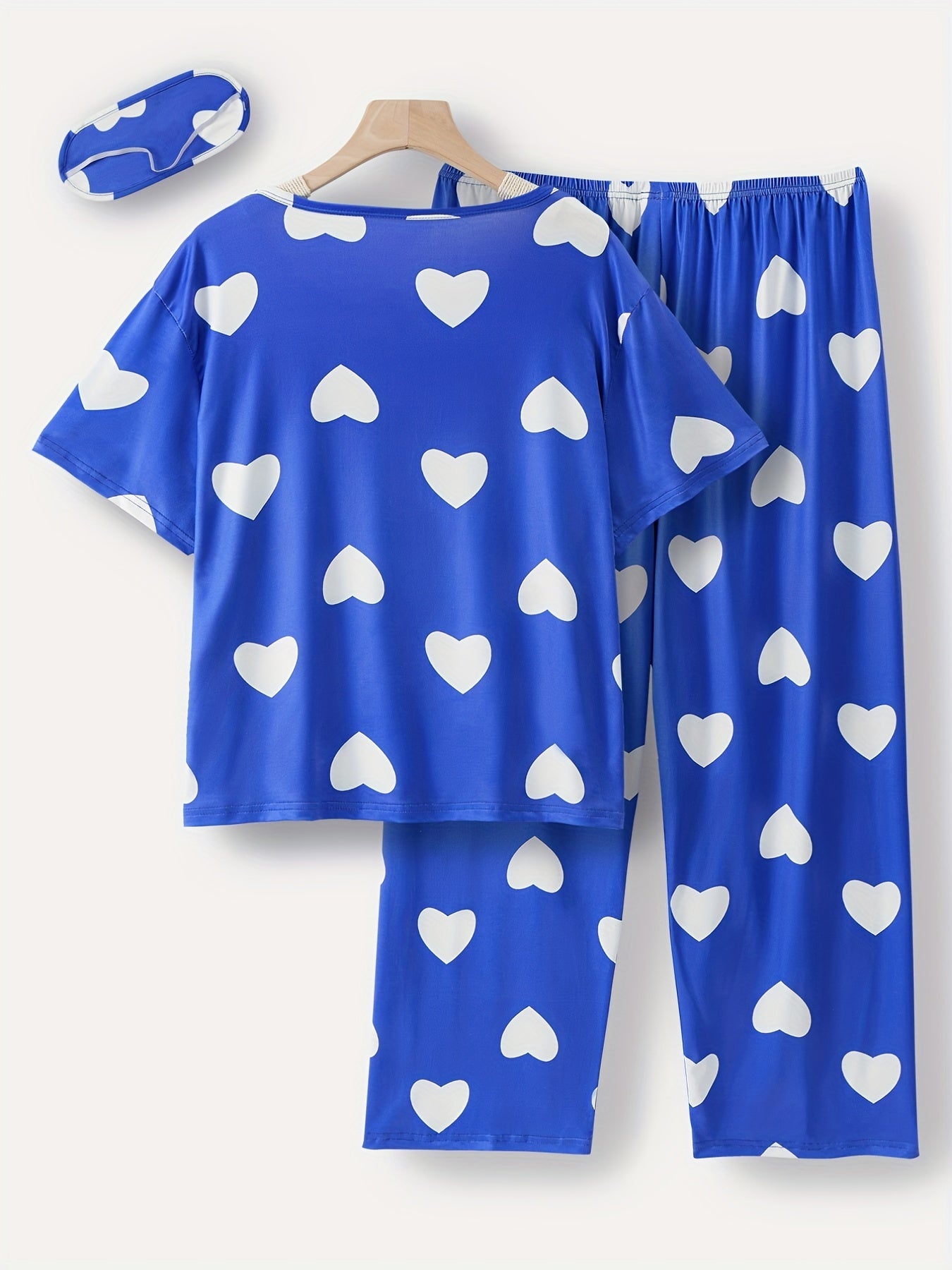 Satin Heart Print Pajama Set With Eye Mask