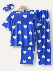 Satin Heart Print Pajama Set With Eye Mask