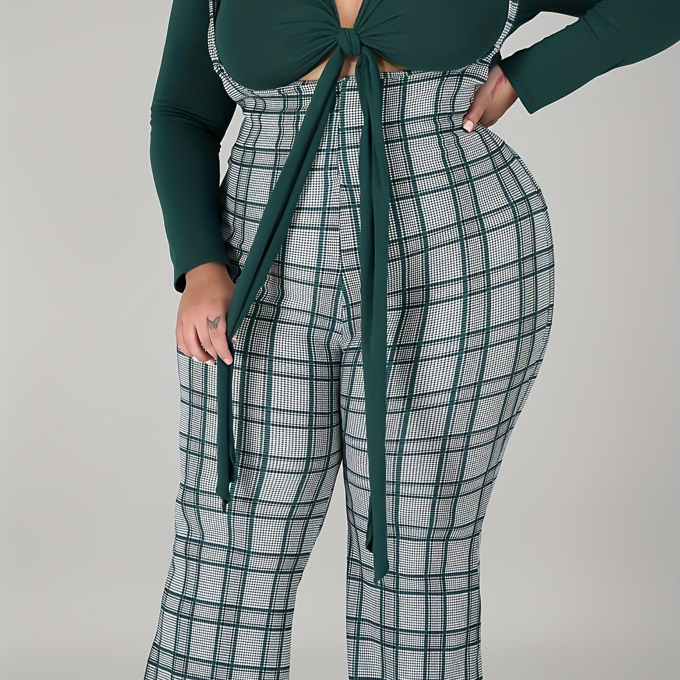 Long Sleeve Crop Top & Plaid Wide Leg Jumpsuit Set