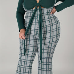 Long Sleeve Crop Top & Plaid Wide Leg Jumpsuit Set
