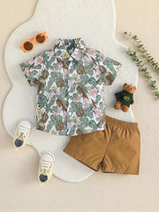 2pcs Baby Boys Floral Leaf Print Short Sleeve Shirt & Shorts Set
