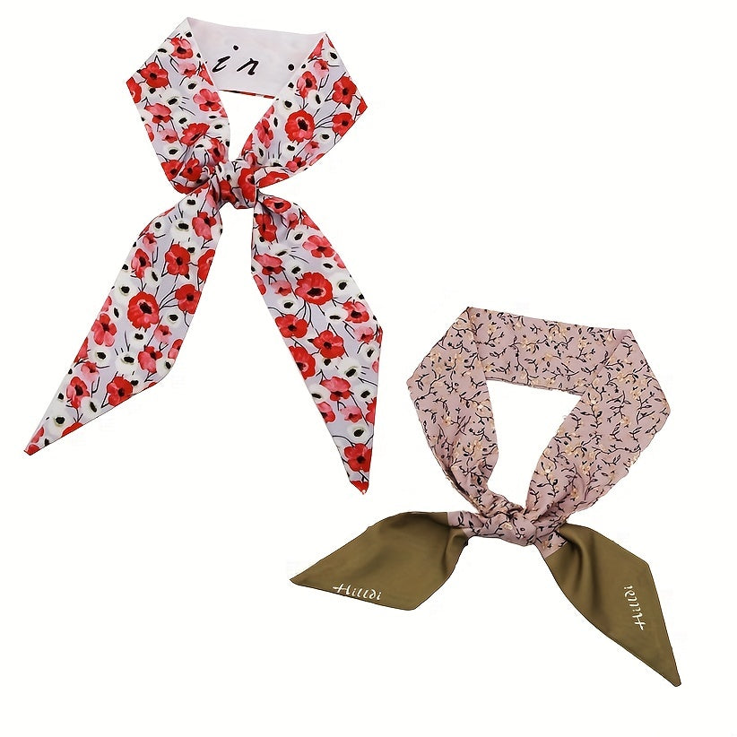 2pcs Red & Brown Skinny Scarf Long Ribbon Neckerchief Twilly Scarf